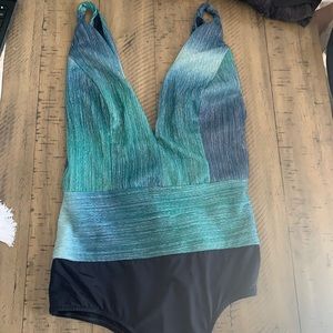 PatBo blue shimmer plunge body suit. NWT